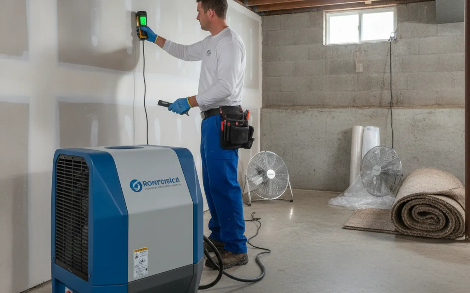 Moisture meter and dehumidifier after water damage